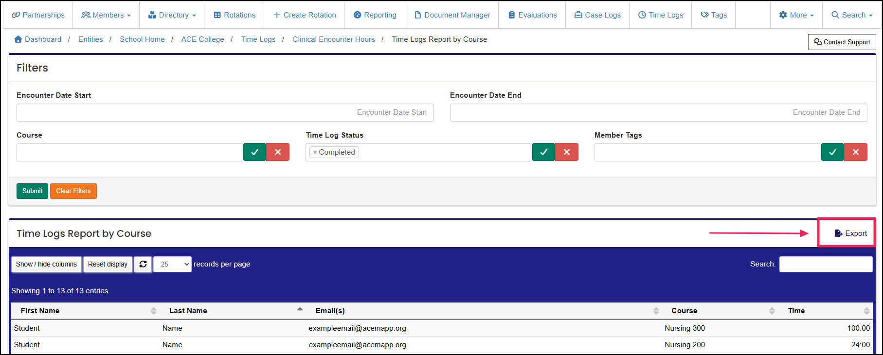 Time log report by course results table highlighting the export button.