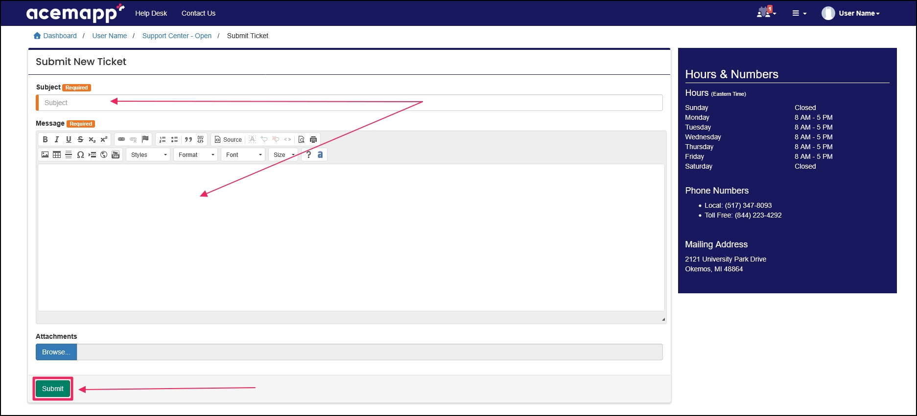 Support ticket edit screen with the subject and message inputs indicated and the Submit button highlighted.