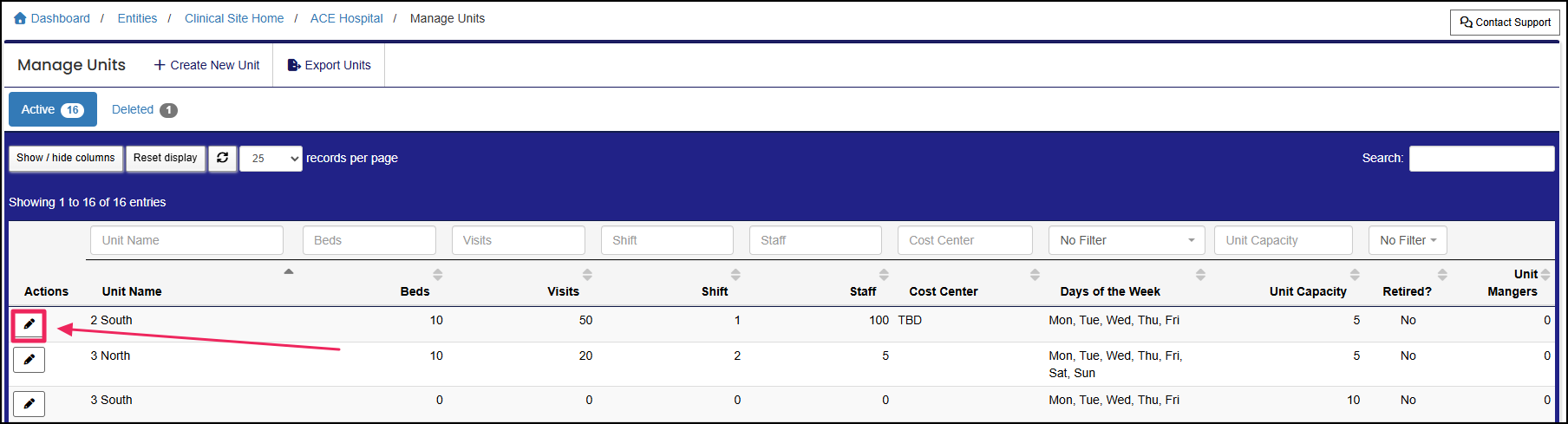 Manage Units table highlighting Edit button.
