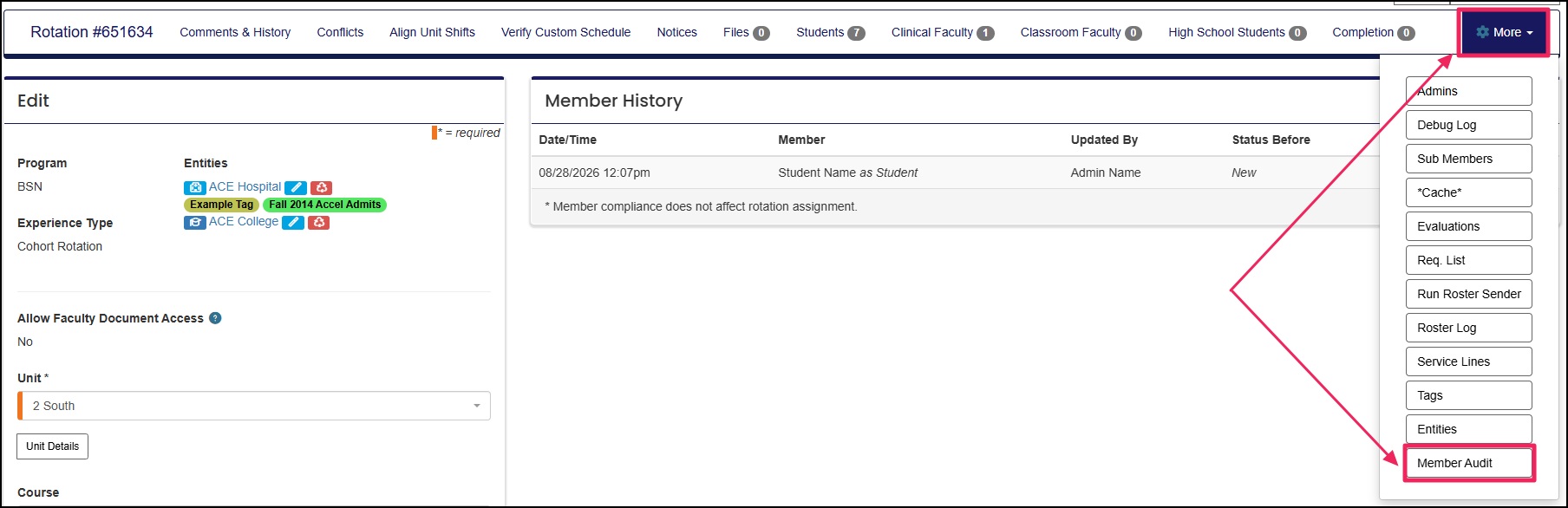 Edit Rotation page highlighting Member Audit button and Member History panel example