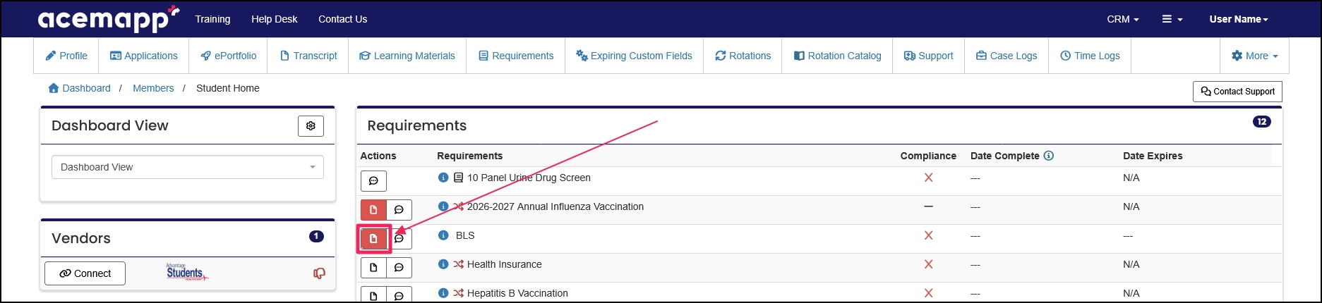 memeber home page highlighting manage requirement icon in the requirement table