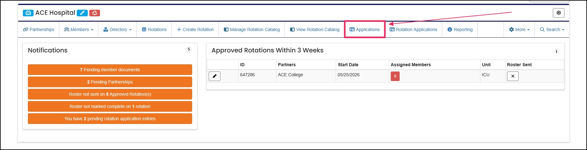 User home page highlighting Applications button.