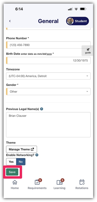 Bottom of the General profile page with the Save button highlighted.