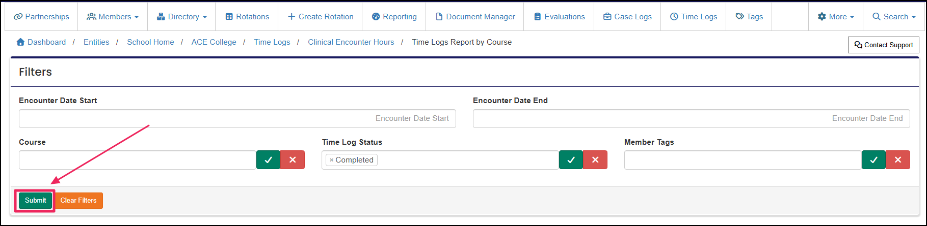 Time logs report by course filters display highlighting the submit button.
