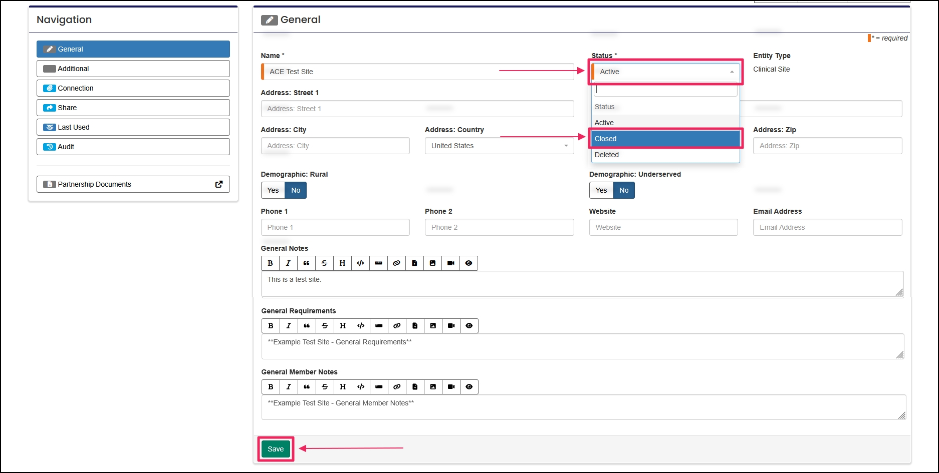 Edit entity page example highlighting Status selection of Closed option and save button.