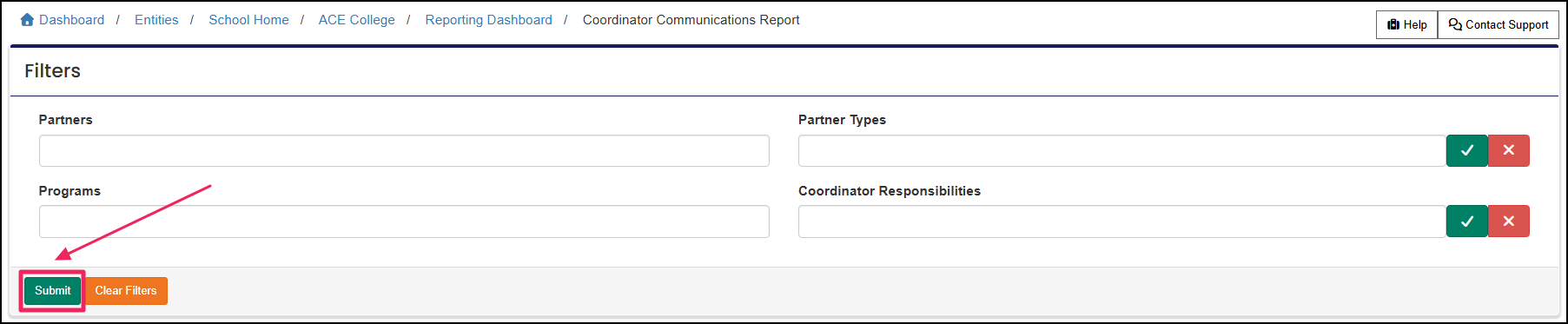 Coordinator communications report filter page highlighting the submit button.