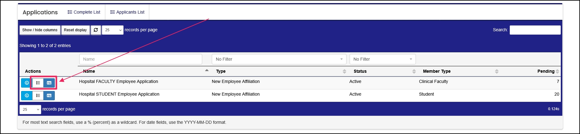 Applications table highlighting List and Queue buttons.