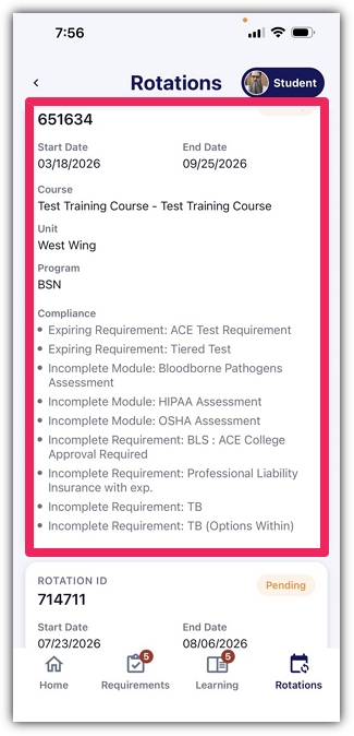 Rotations screen displaying assigned clinical rotations and their onboarding summaries.