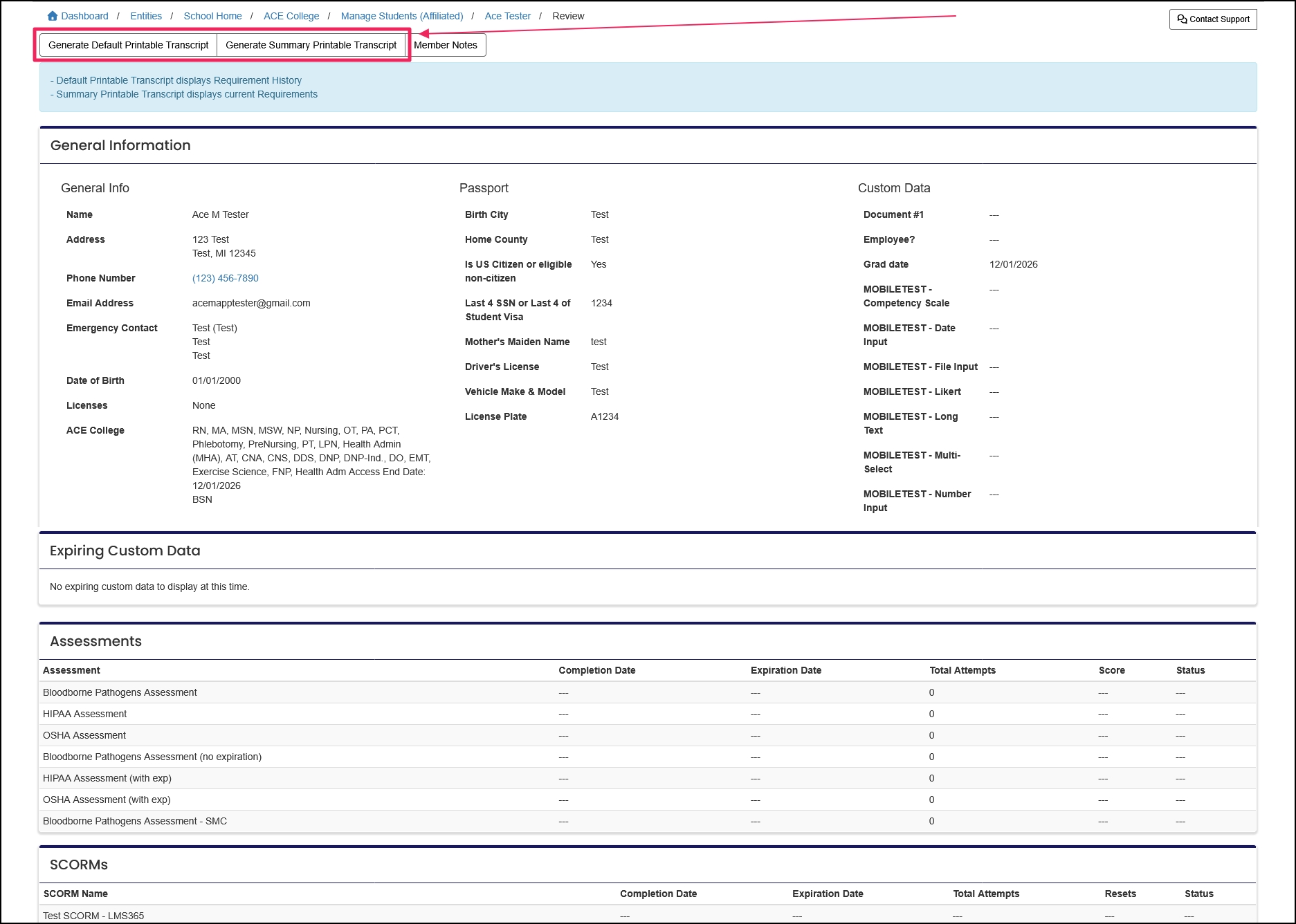 Member review page highlighting the generate transcript button options.