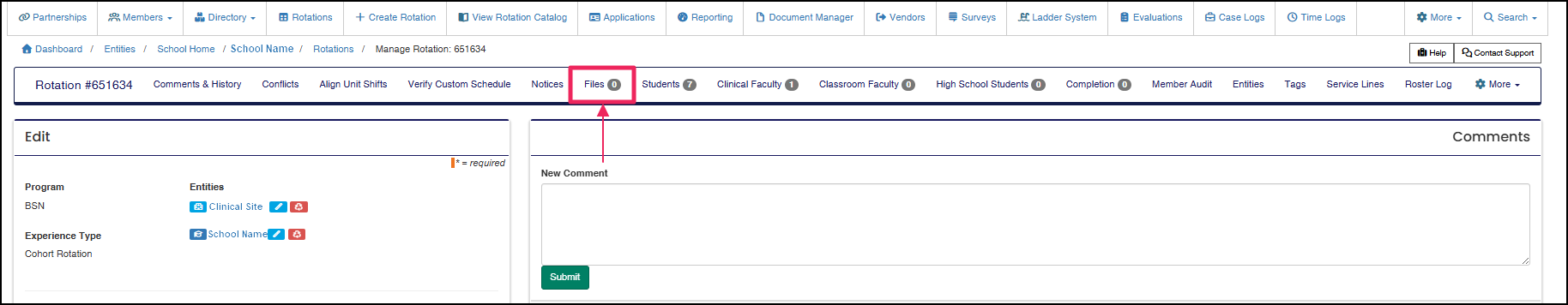 Edit Rotation screen example highlighting Files button