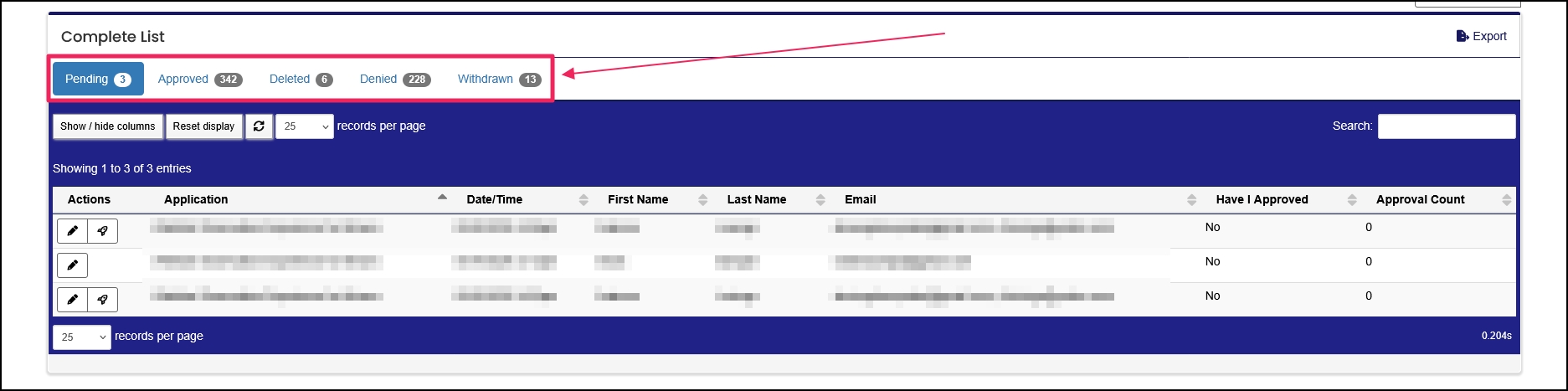 Complete list table highlighting filter tabs.