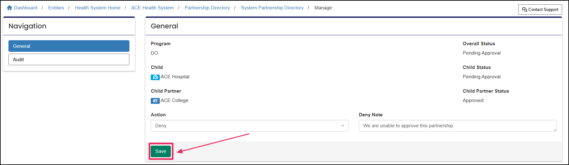 Manage Partnership page highlighting the Save button.
