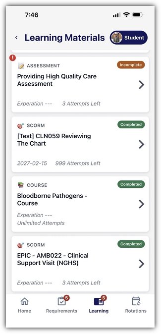 Learning Materials screen displaying assigned learning materials and their completion statuses.