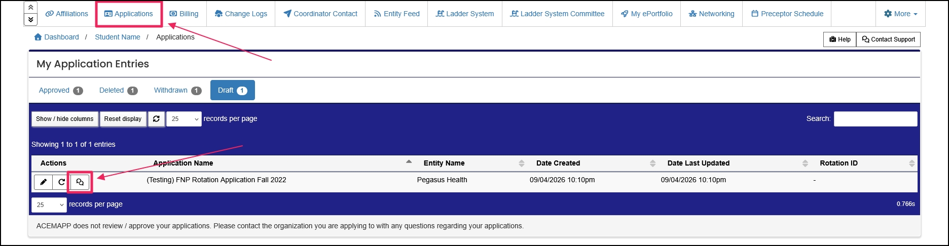 My application entries table highlighting the comments button.