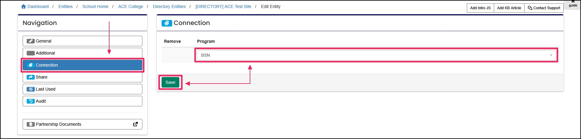 Add Entity Connection form example highlighting Connection tab, the program selection, and the save button.