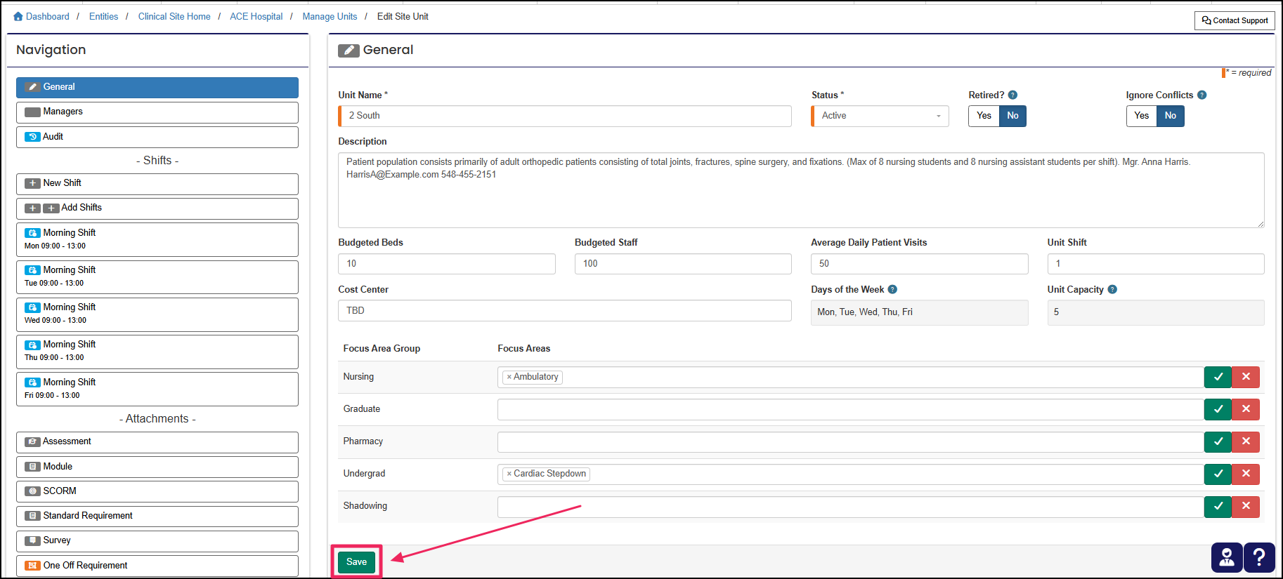 Edit Site Unit page highlighting Unit Name field and Save button.