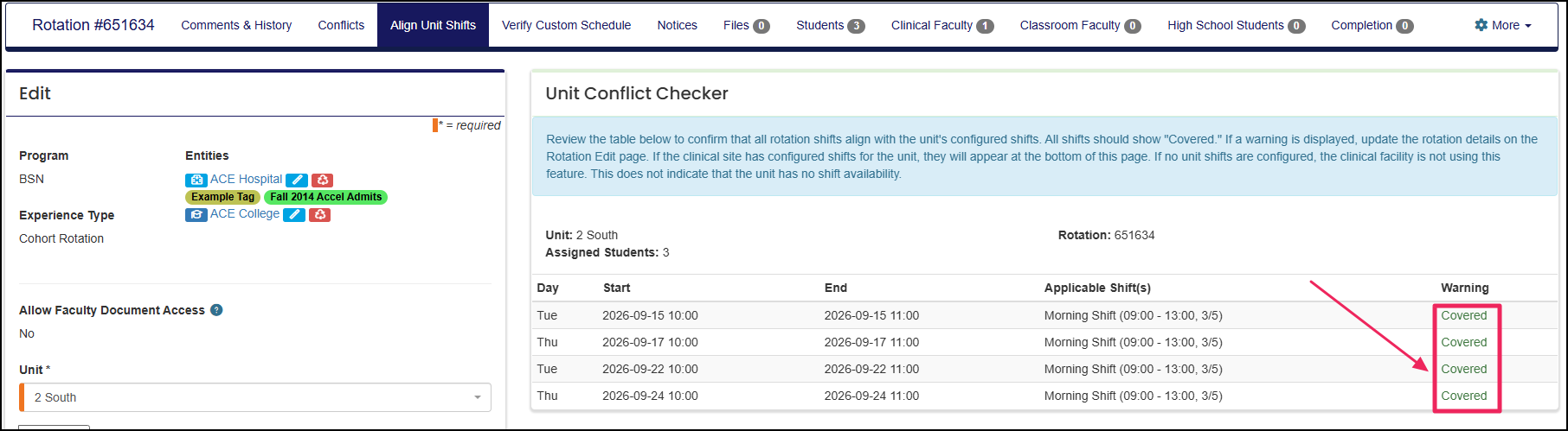 Unit conflict checker highlighting the warning column showing covered.