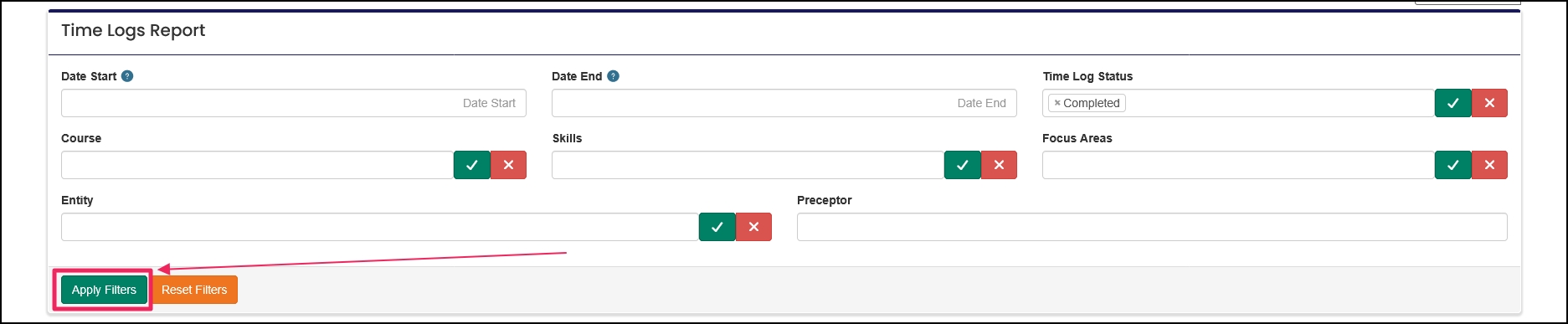Time Logs Report filter options example highlighting "Apply Filters" button.