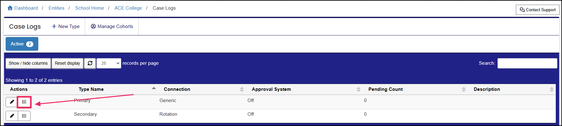 Case logs table highlighting List button.