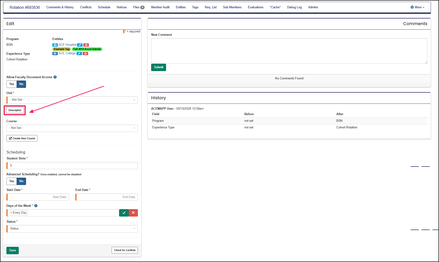 Rotation manage page highlighting the unit description button.