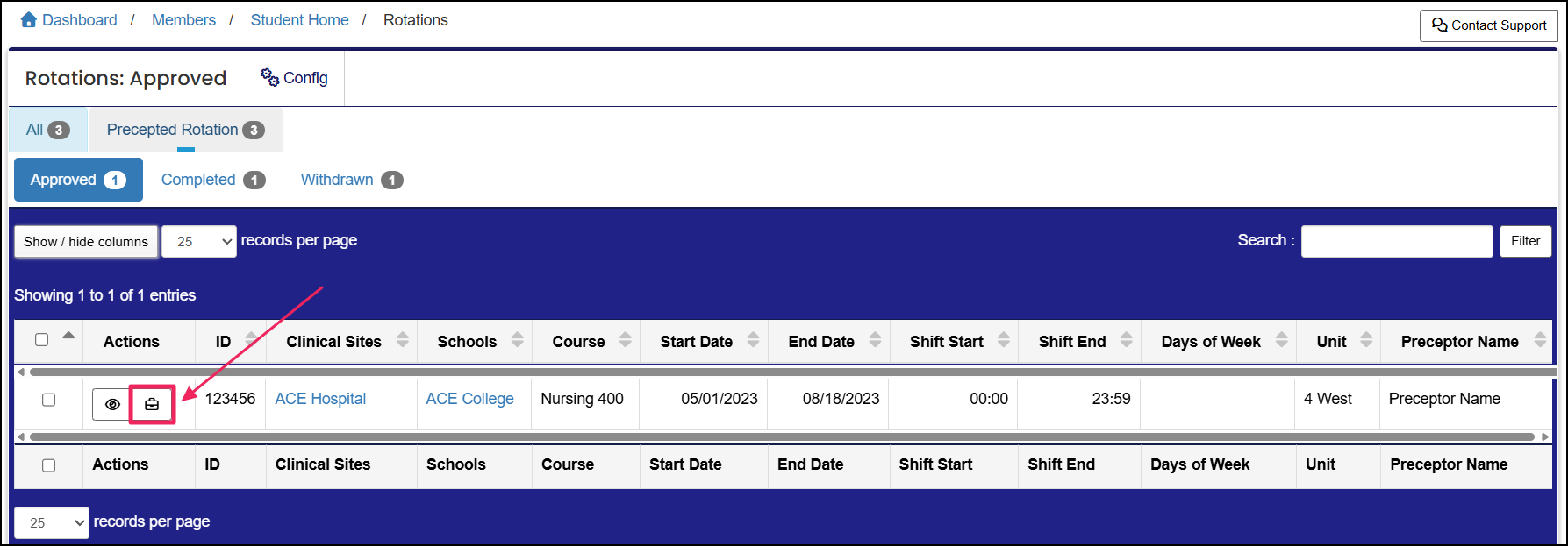 Rotations table highlighting Create Case Log button.