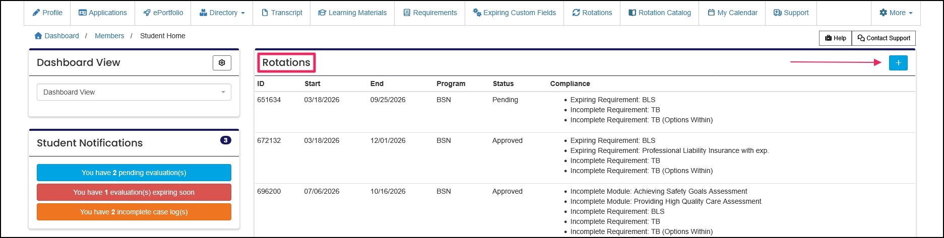 Member home page example highlighting Rotations panel.
