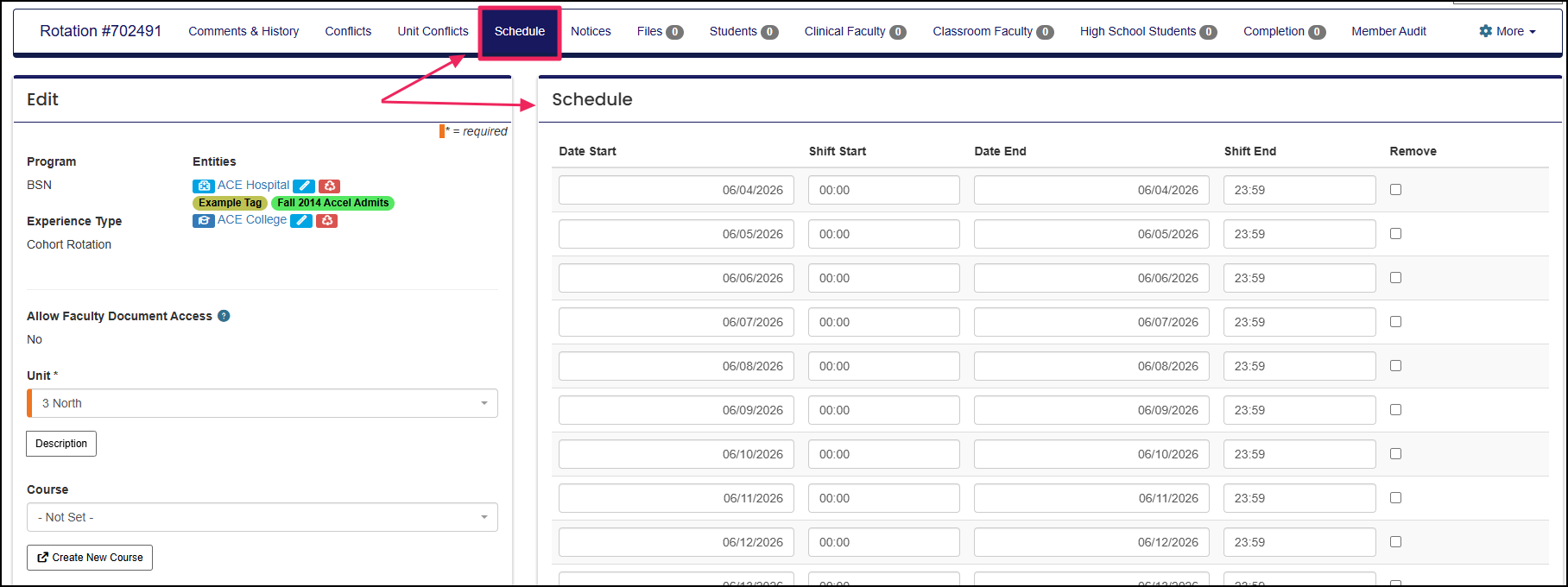 Edit Rotation page highlighting Schedule button and Schedule section example.