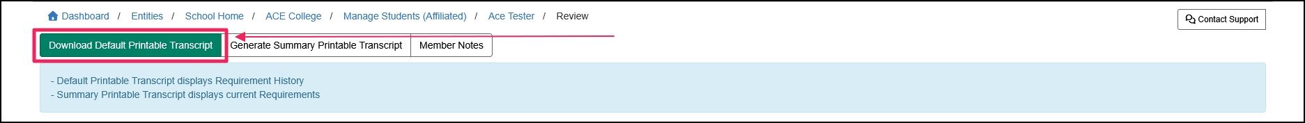 The member review page showing the green button to download the transcript.