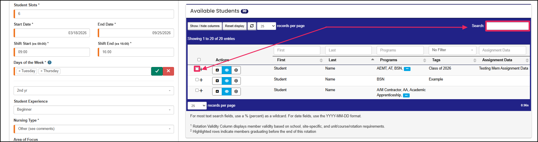 Edit Rotation page Students tab highlighting Search field and select member checkbox.